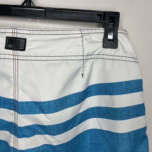 O'NEILL Mens Blue White Black Stripe Board Shorts Unlined Hook & Loop 31 x 10 - Picture 6 of 8